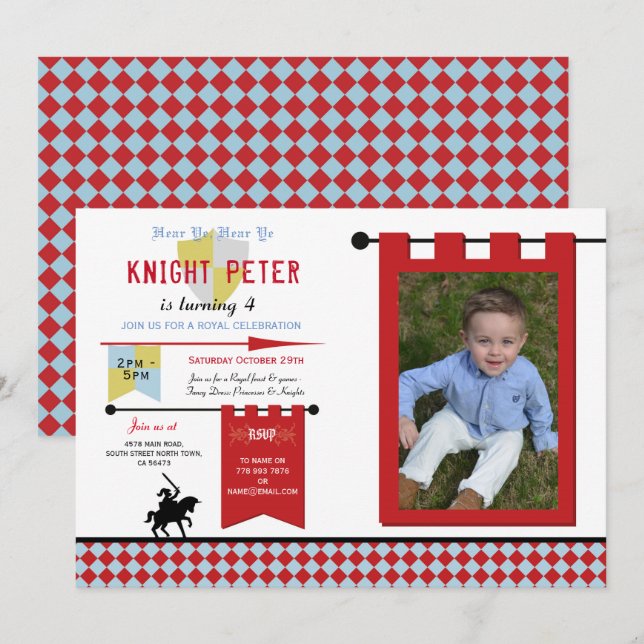 Knights Photo Mediaeval Birthday Party Blue Red Invitation (Front/Back)