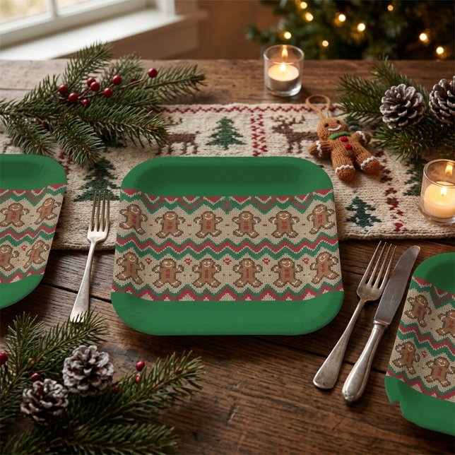 Knit Gingerbread Man Christmas Pattern  Paper Plate (Creator Uploaded)