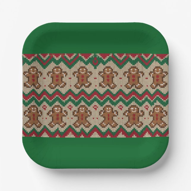 Knit Gingerbread Man Christmas Pattern  Paper Plate (Front)