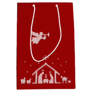Knit Nativity Scene Christian Christmas Red White Medium Gift Bag