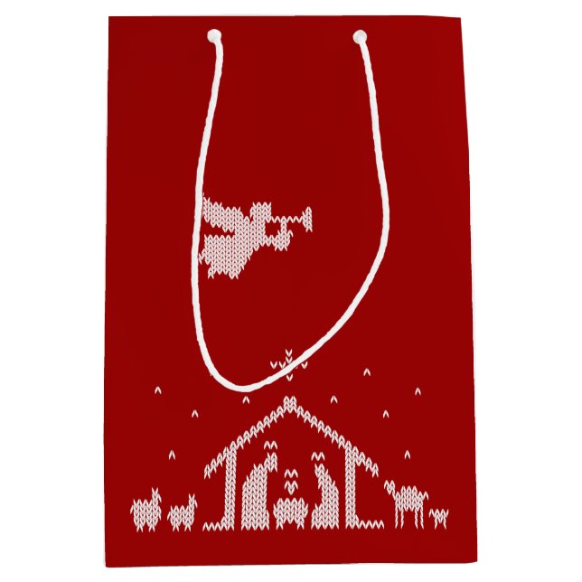 Knit Nativity Scene Christian Christmas Red White Medium Gift Bag (Front)