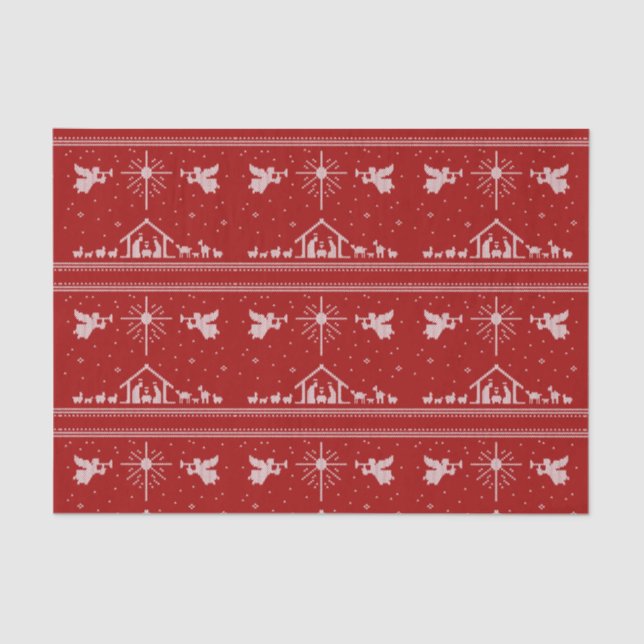 Knit Nativity Ugly Christmas Sweater Religious Red Tissue Paper (Front)