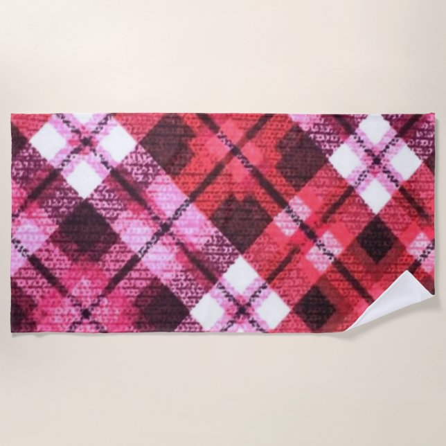 Knit Plaid Tartan Check Pink White Wine Pattern Beach Towel (Front)