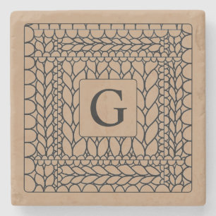 KNIT PURL TAN Marble Stone Coaster + Initial