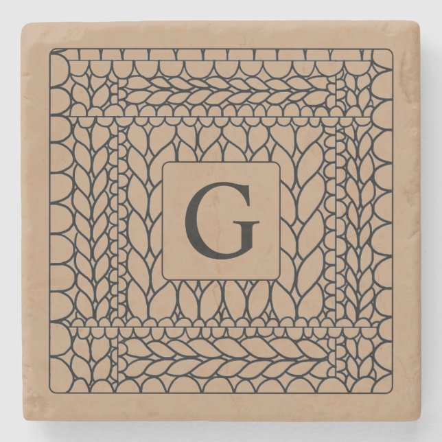 KNIT PURL TAN Marble Stone Coaster + Initial  (Front)