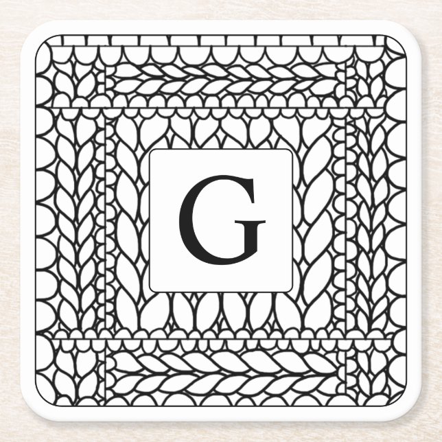 KNIT PURL WHITE Square Paper Coasters + Initial (Front)