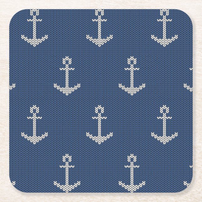 Knit Sea Anchor Square Paper Coaster (Front)