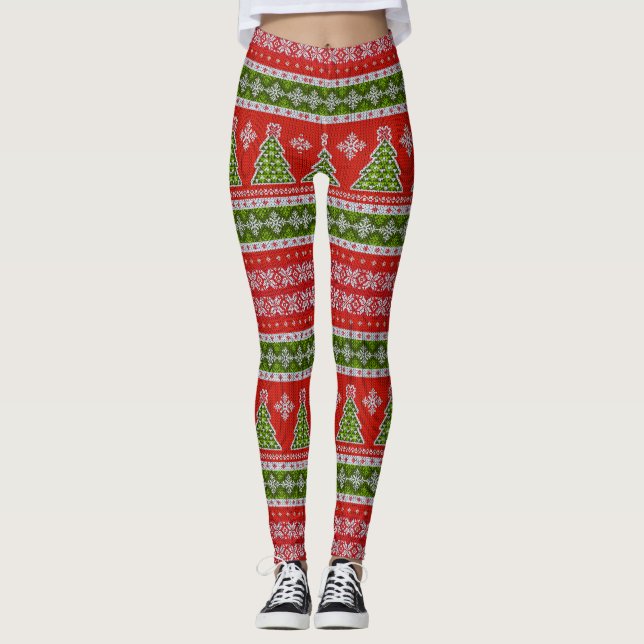 Knit Sweater look, Red White and Green Christmas Leggings (Front)