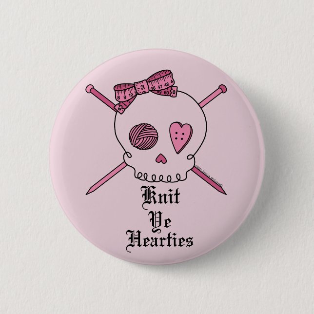 Knit Ye Hearties (Pink Background) 6 Cm Round Badge (Front)