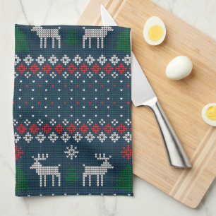 Knitted Christmas Deer Pine Tree Family Tea Towel