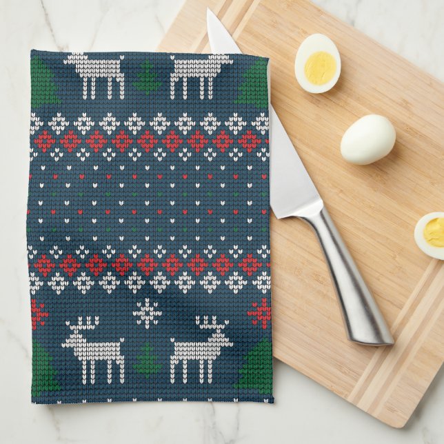 Knitted Christmas Deer Pine Tree Family Tea Towel (Quarter Fold)