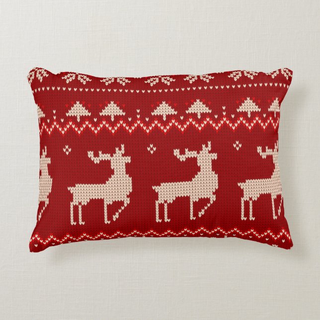 Knitted christmas pattern red  decorative cushion (Front)
