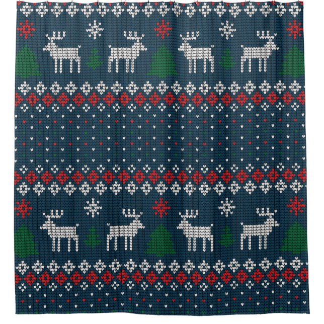 Knitted Christmas Pine Trees Deer Decorative Shower Curtain (Front)