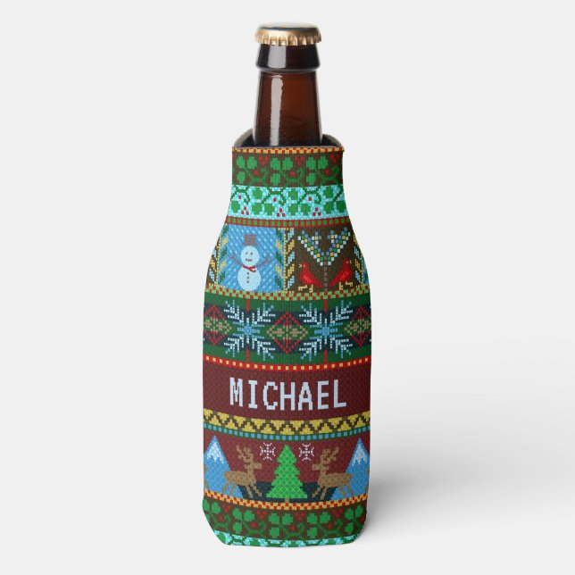 Knitted Christmas Reindeer Snowmen Holiday | Name Bottle Cooler (Bottle Front)