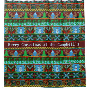 Knitted Christmas Snowmen Reindeer Family Name Shower Curtain