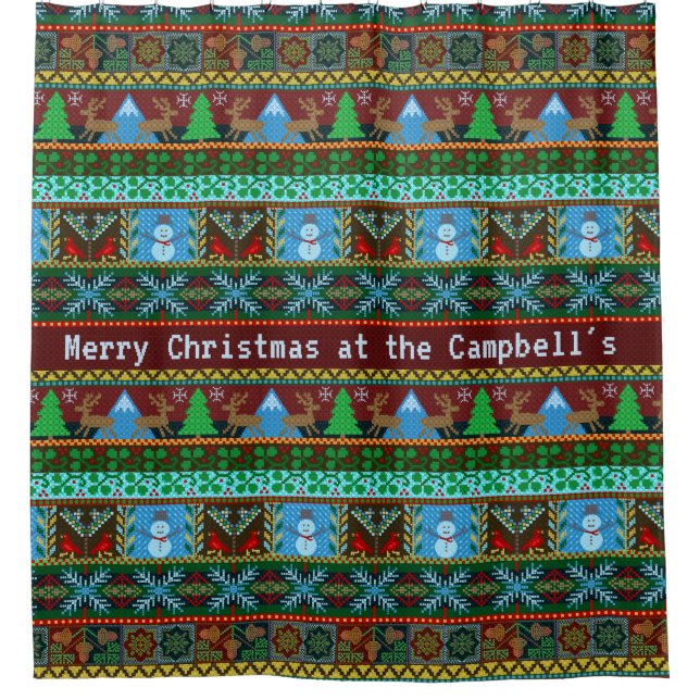 Knitted Christmas Snowmen Reindeer | Family Name Shower Curtain (Front)