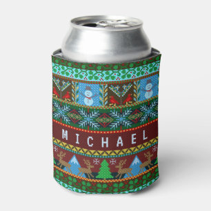 Knitted Christmas Snowmen Reindeer Holiday   Name Can Cooler