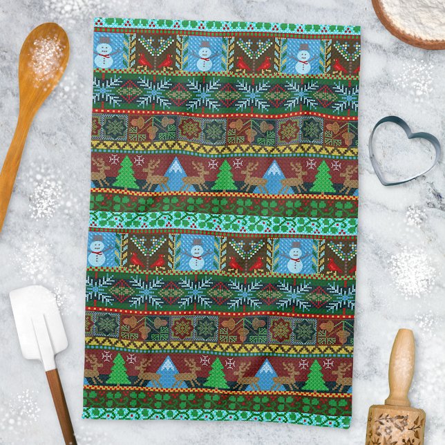 Knitted Christmas Snowmen Reindeer Winter Pattern Tea Towel (Creator Uploaded)