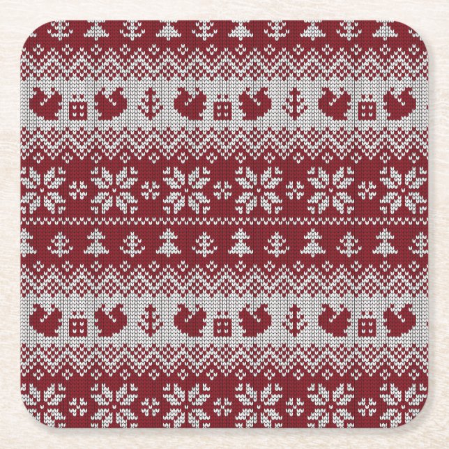 Knitted, Christmas, squirrels, vintage pattern. Square Paper Coaster (Front)