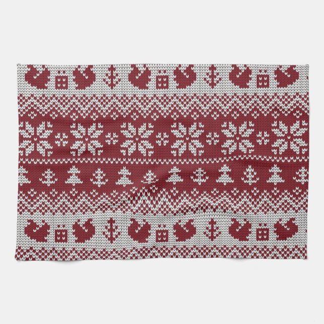 Knitted, Christmas, squirrels, vintage pattern. Tea Towel (Horizontal)