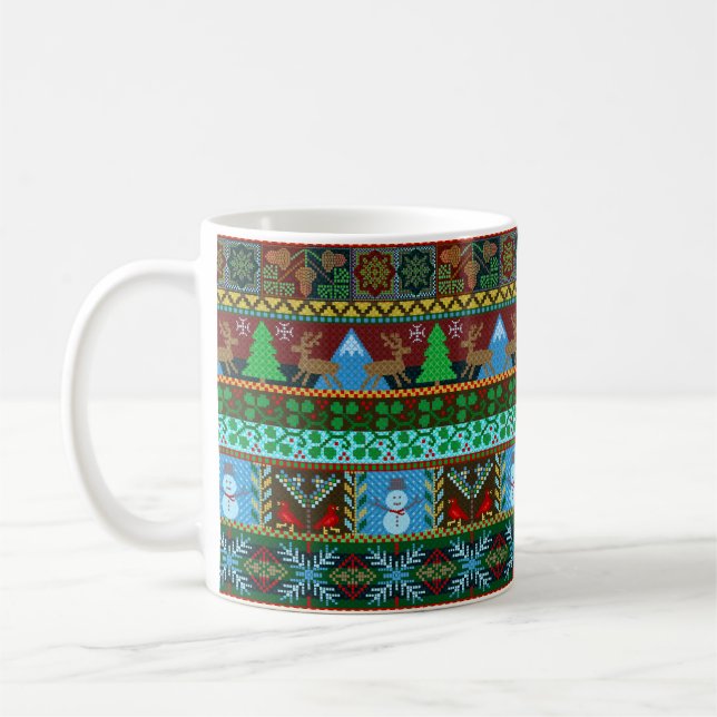 Knitted Christmas Sweater Pattern Reindeer Holiday Coffee Mug (Left)
