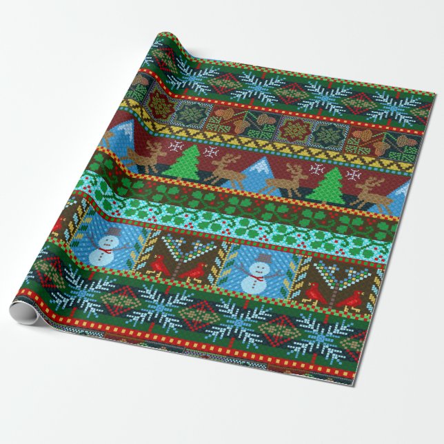 Knitted Christmas Sweater Snowmen Reindeer Holiday Wrapping Paper (Unrolled)
