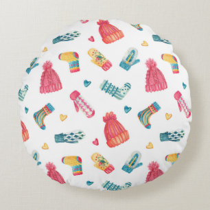Knitted Clothes Watercolor: Colourful Winter Seaml Round Cushion