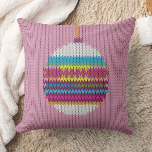 Knitted Colourful Christmas Ornament Knit Pink Cushion (Blanket)