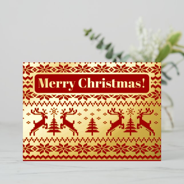 Knitted deers and Christmas trees in gold and red (Standing Front)