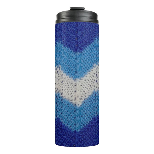 knitted fabric with striped figures blue and white thermal tumbler (Front)