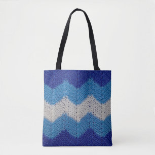 knitted fabric with striped figures blue and white tote bag