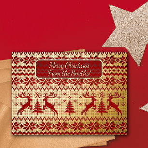 Knitted Gold Deers and Christmas trees on red bg