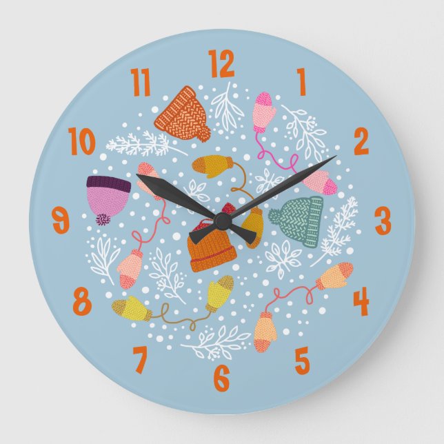 Knitted Hats and Mittens Winter Set Large Clock (Front)