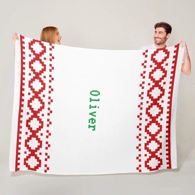 Knitted Look White with Red Pattern Borders Cosy F Fleece Blanket (In Situ)