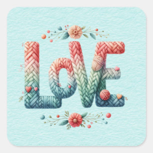 Knitted LOVE Word Blue to Pink Gradient Square Sticker