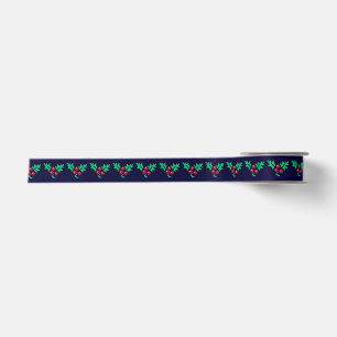 Knitted Mistletoe Pattern on Navy Blue Christmas Satin Ribbon