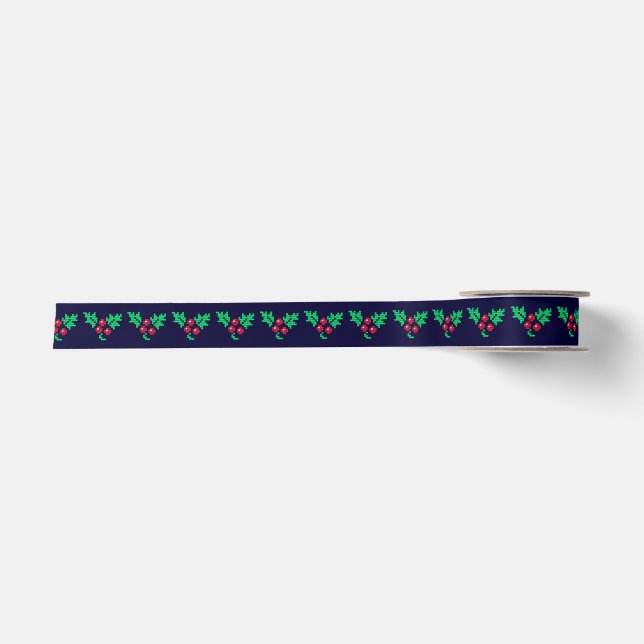 Knitted Mistletoe Pattern on Navy Blue Christmas Satin Ribbon (Front)