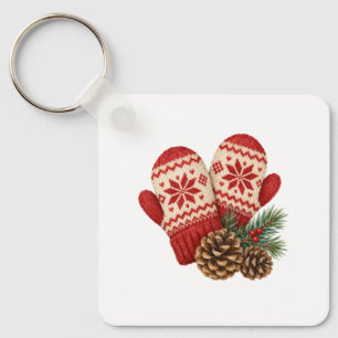 Knitted Mittens and Pinecones Key Ring