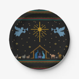 Knitted Nativity Ugly Christmas Sweater Christian Paper Plate