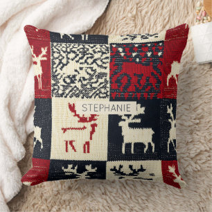 Knitted Patchwork Christmas Pattern   Rustic Cushion