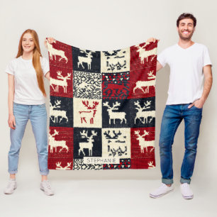 Knitted Patchwork Christmas Pattern Rustic Fleece Blanket