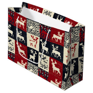 Knitted Patchwork Christmas Pattern   Rustic Large Gift Bag