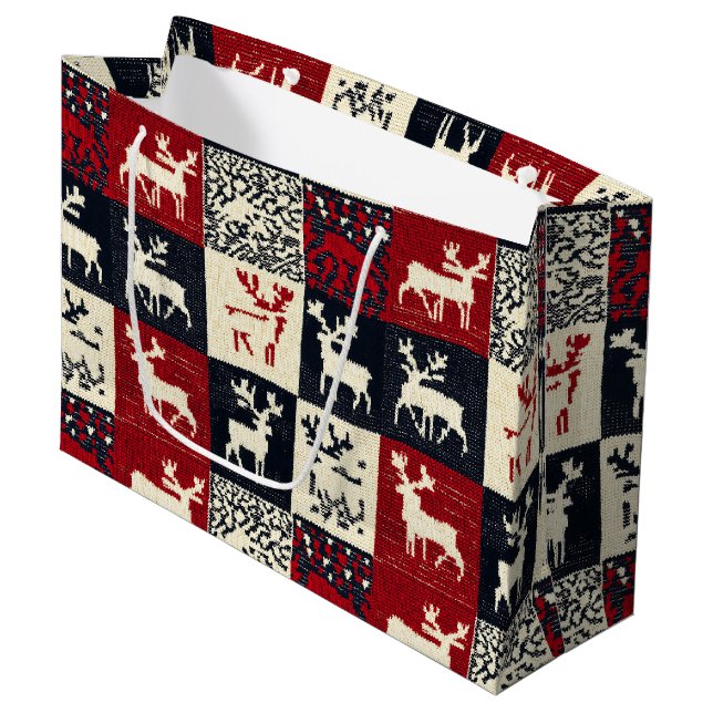 Knitted Patchwork Christmas Pattern | Rustic Large Gift Bag (Front Angled)