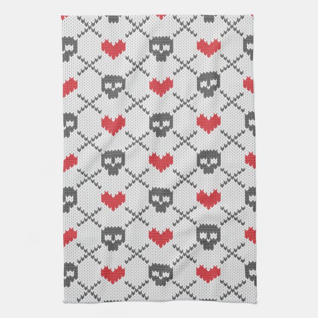 Knitted pattern with skulls tea towel (Vertical)