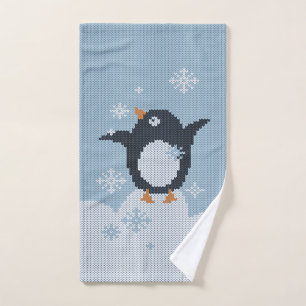 Knitted Penguin Snowflakes Winter Holidays Bath Towel Set