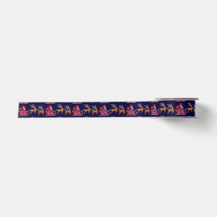 Knitted Santa Reindeer Pattern Navy Blue Christmas Satin Ribbon
