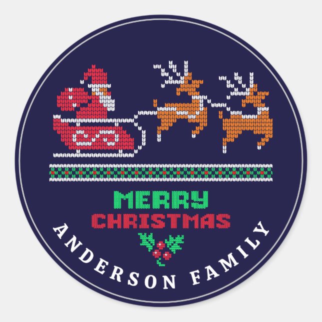 Knitted Santa Reindeer Sleigh Merry Christmas Blue Classic Round Sticker (Front)