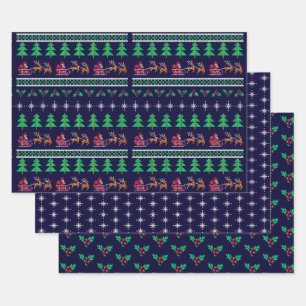 Knitted Ugly Sweater Pattern Navy Blue Christmas Wrapping Paper Sheet