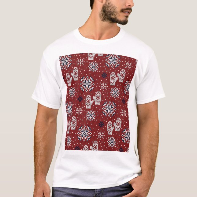 Knitted Winter Christmas Decorative Pattern T-Shirt (Front)