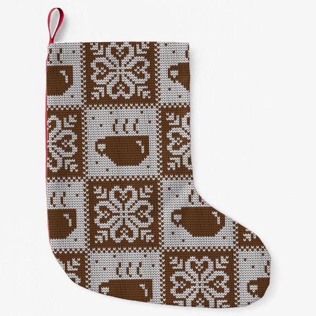 Knitted winter cups: hot beverage pattern. small christmas stocking (Front)